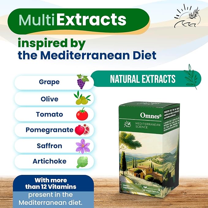 Omnes | Complete Multivitamin | Natural Extracts from Premium Mediterranean Diet Ingredients | +12 Vitamins and Minerals | Nutrition, Antioxidants, Energy | 60 Capsules
