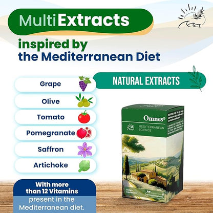 Omnes | Complete Multivitamin | Natural Extracts from Premium Mediterranean Diet Ingredients | +12 Vitamins and Minerals | Nutrition, Antioxidants, Energy | 60 Capsules
