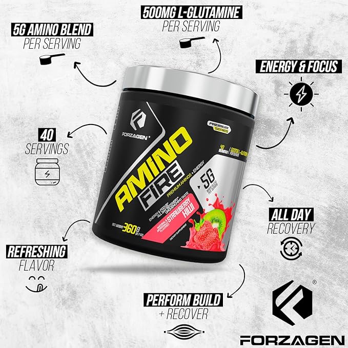 Forzagen Amino Fire | Essential Amino Energy Powder for Pre-Workout | BCAA Energy Boost & Muscle Recovery Drink Mix, Enhance Focus & Concentration, Dietary Supplement | Strawberry Kiwi, 40 Servings
