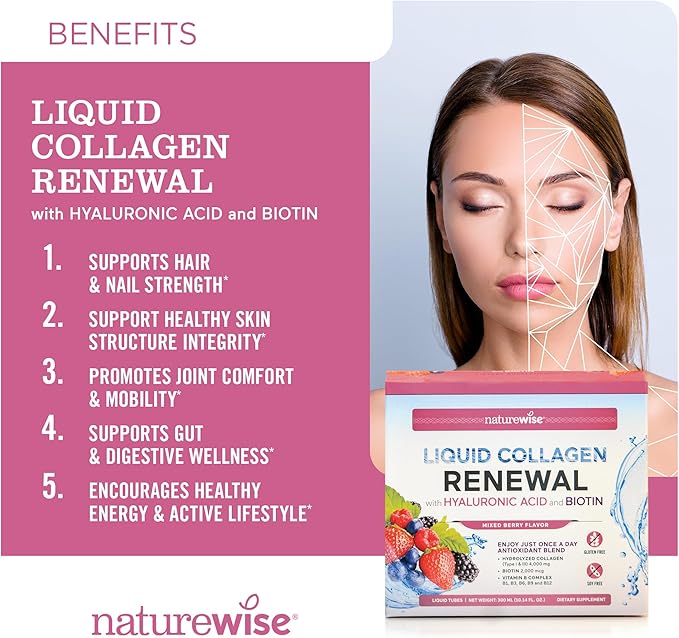NatureWise Liquid Collagen for Women & Men 4000mg, Type 1 & 3 Peptides with Biotin for Hair, Skin and Nails + Vitamin C + Vitamin B Complex - Low Sugar - Mixed Berry - 30 Tubes