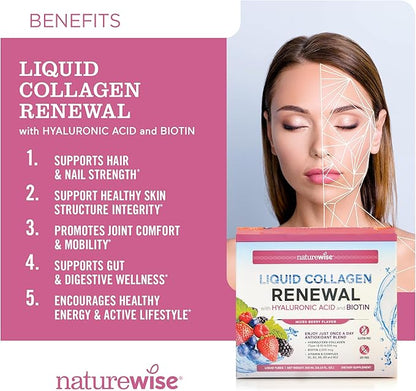 NatureWise Liquid Collagen for Women & Men 4000mg, Type 1 & 3 Peptides with Biotin for Hair, Skin and Nails + Vitamin C + Vitamin B Complex - Low Sugar - Mixed Berry - 30 Tubes