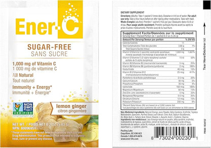 Ener-C Sugar Free Lemon Ginger Multivitamin Drink Mix, 1000mg Vitamin C, Non-GMO, Vegan, Real Fruit Juice Powders, Natural Immunity Support, Electrolytes, Gluten Free, 1-Pack of 30