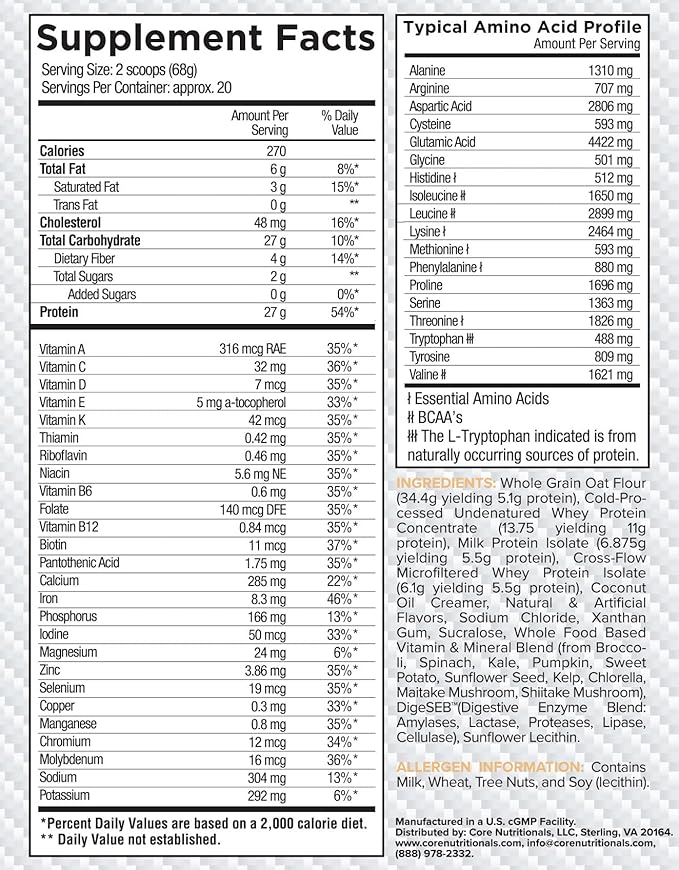 Core Nutritionals Platinum MRP Full Spectrum Meal Replacement, Sustained Release for All Day Amino Acid Support, 27G Protein, 20 Servings (Vanilla Poundcake)