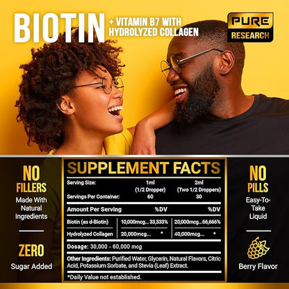 PURE RESEARCH Liquid Biotin & Collagen Hair Growth Drops 60,000mcg - Biotin and Liquid Collagen Supplement for Men & Women - Glowing Skin Support, Healthy Hair & Nail Growth - 2oz
