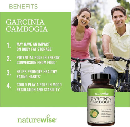 Naturewise Garcinia Cambogia - 60% HCA Concentration Extract, Natural Support for Weight Goals and Energy Levels - Vegan, Non-GMO, Gluten Free - 180 Capsules[2-6 Month Supply]