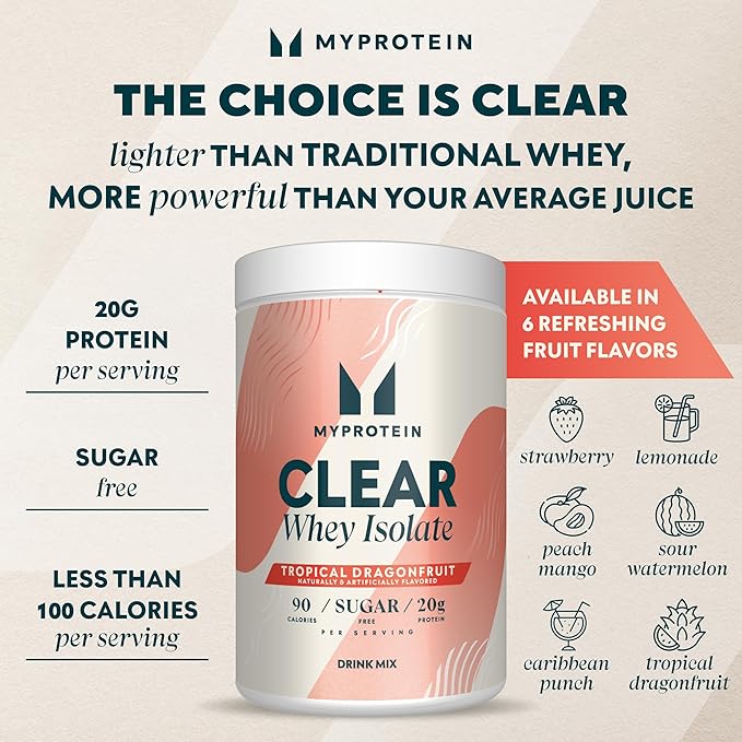 Myprotein Clear Whey Isolate Protein Powder, 1.1 Lb (20 Servings) Tropical Dragonfruit, 20g Protein per Serving, Naturally Flavored Drink Mix