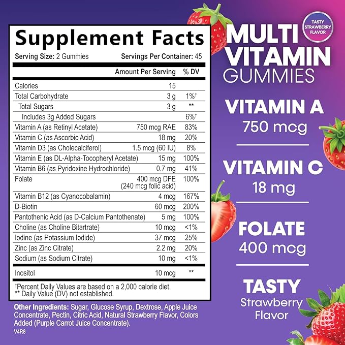 Multivitamin Gummies for Adults with 13 Vitamins and Minerals, Daily Gummy Vitamin for Women & Men, Immune Health Support Supplement with Vitamins A, C, D, E, B-6, B-12, Zinc, Berry - 90 Gummies