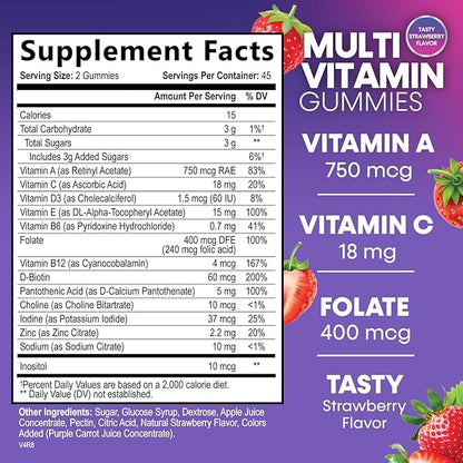 Multivitamin Gummies for Adults with 13 Vitamins and Minerals, Daily Gummy Vitamin for Women & Men, Immune Health Support Supplement with Vitamins A, C, D, E, B-6, B-12, Zinc, Berry - 90 Gummies