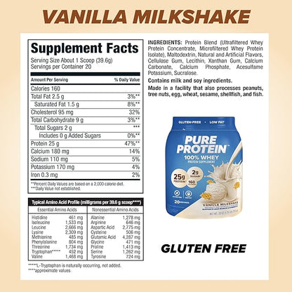 Pure Protein Powder, Whey, High Protein, Low Sugar, Gluten Free, Vanilla Cream, 1.75 lbs