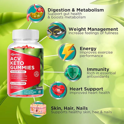 Keto Acv Gummies Supplement - Apple Cider Vinegar Gummies for Women Men - Sugar & Gluten Free (1200MG)