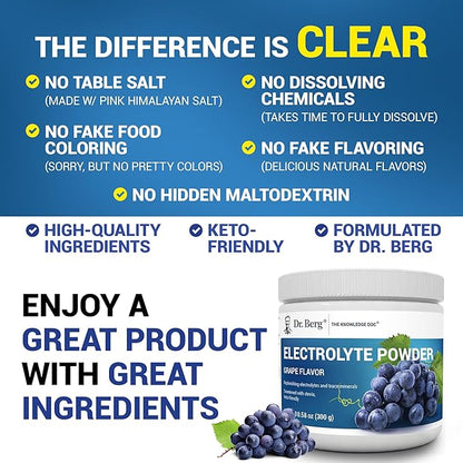 Dr. Berg Zero Sugar Hydration Keto Electrolyte Powder - Enhanced w/ 1000 mg of Potassium & Real Pink Himalayan Salt (NOT Table Salt) - Grape Flavor Hydration Drink Mix Supplement - 50 Servings
