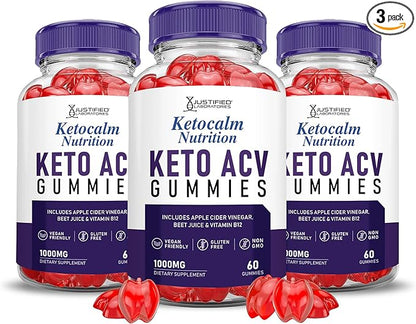 (3 Pack) Ketocalm Nutrition Keto ACV Gummies Advanced Formula 1000MG Keto Calm Nutrition Keto Gummies Apple Cider Vinegar Formulated with Pomegranate Beet Juice Powder B12 Vegan Non GMO 180 Gummys
