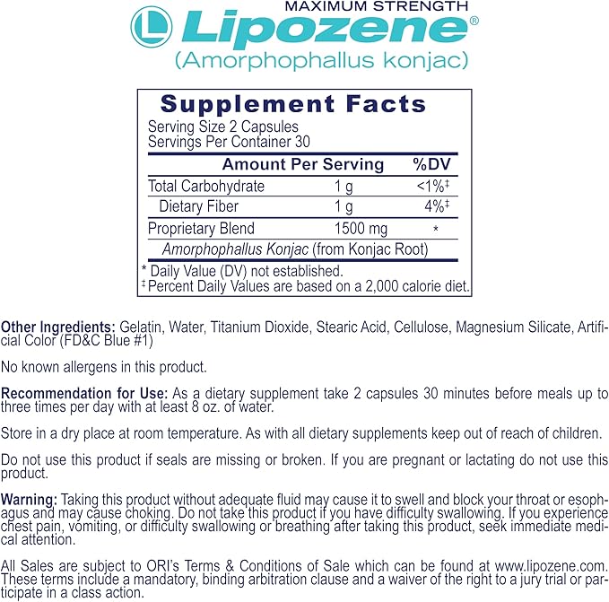 Lipozene Diet Pills - Weight Loss Supplement - Appetite Suppressant- 1 Bottle of 60 Capsules for 30 Servings- No Caffeine
