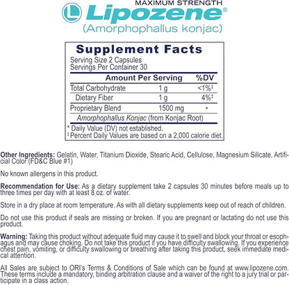 Lipozene Diet Pills - Weight Loss Supplement - Appetite Suppressant- 1 Bottle of 60 Capsules for 30 Servings- No Caffeine