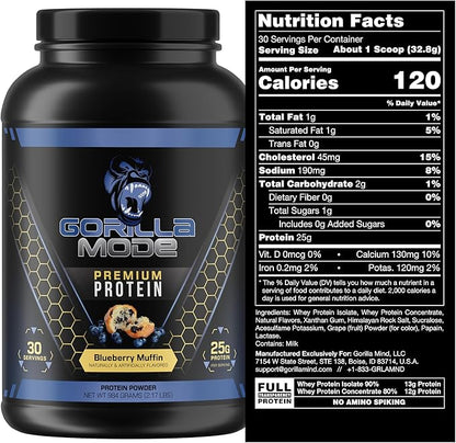 Gorilla Mode Premium Whey Protein - Blueberry Muffin / 25 Grams of Whey Protein Isolate & Concentrate/Recover and Build Muscle (30 Servings)
