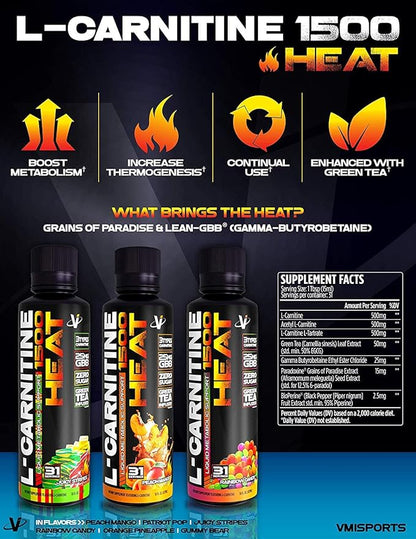 VMI Sports L-Carnitine 1500 Heat Stimulant Free Thermogenic Metabolic Support & Fat Loss for Men & Women | 1500mg L-Carnitine | Convenient Liquid (Patriot Pop)