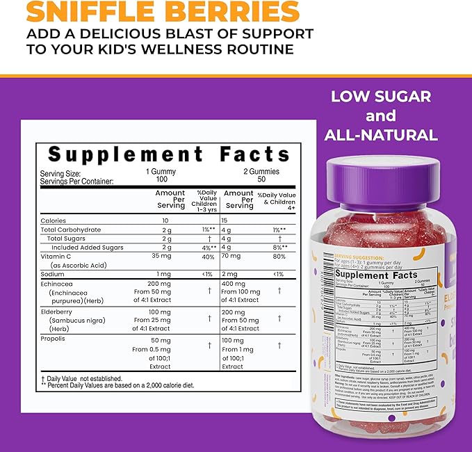 Squiggles Sniffle Berries Elderberry Gummies with Bee Propolis & Echinacea, Kids Defense Gummies, Kids Vitamins for Immune Support, Tasty Chewy Toddler Gummy Vitamin, 100 Gummies