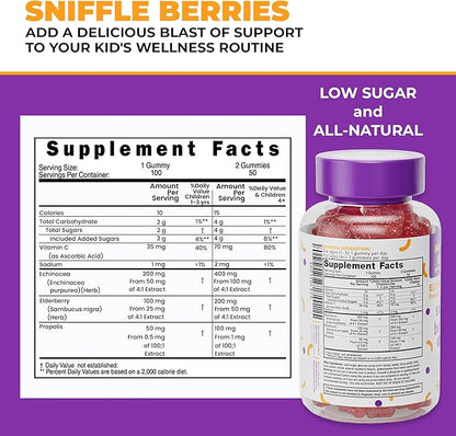 Squiggles Sniffle Berries Elderberry Gummies with Bee Propolis & Echinacea, Kids Defense Gummies, Kids Vitamins for Immune Support, Tasty Chewy Toddler Gummy Vitamin, 100 Gummies