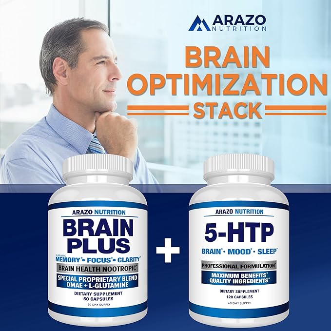 Arazo Nutrition Premium Brain Function Supplement – Memory, Focus, Clarity – Nootropic Booster with DMAE, Bacopa Monnieri, L-Glutamine, Multi Vitamins, Multi Minerals