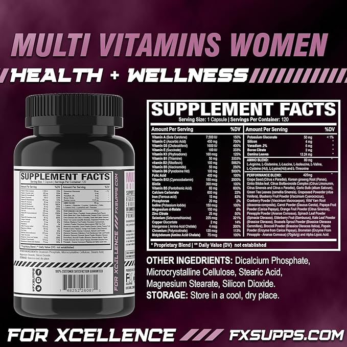 FXSUPPS Multivitamin for Women with Vitamin C, Vitamin D, Vitamin E, Zinc for Immune Support - Vegan Women's Multivitamin with Biotin, Iron, Antioxidants + Amino Acids (120 Count)