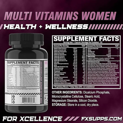 FXSUPPS Multivitamin for Women with Vitamin C, Vitamin D, Vitamin E, Zinc for Immune Support - Vegan Women's Multivitamin with Biotin, Iron, Antioxidants + Amino Acids (120 Count)