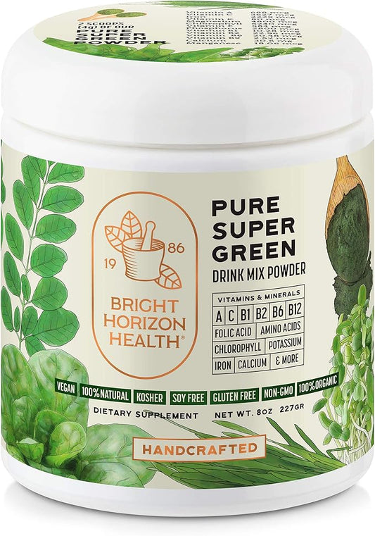 Bright Horizon Health Pure Super Green Juice Powder with 7 Super Green to Boost Energy, Digestive Enzymes, pH Balance, Detox – Natural, 8oz
