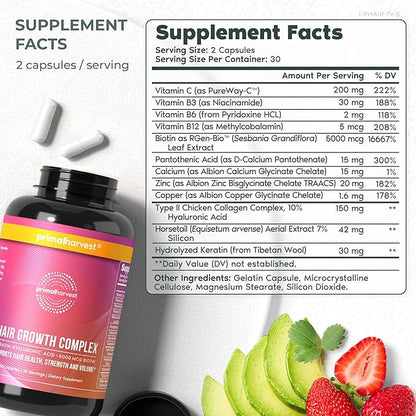 Primal Harvest Primal Hair Complex 1 Pack, Regrowth Hair Supplement for Women & Men, Natural Hair Vitamins w/Thickening Products Biotin & Zinc (60 Capsules)