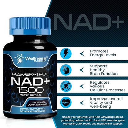 NAD Supplement, 1500mg - Liposomal NAD+ Supplement with Resveratrol, NAD Plus Boosting Supplement - Support Cellular Health, Stamina & Healthy Aging - Ultra Strength Capsules - 2 Pack
