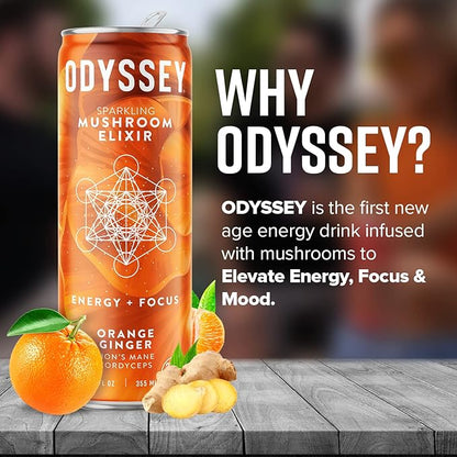 Odyssey Elixir Functional Beverage - Adaptogen Drink with Lions Mane, Cordyceps, L Theanine & Green Tea Caffeine - for Cognition, Energy & Mood Boost - 0 Added Sugar - Orange - 12 Fl oz, 12 Pack
