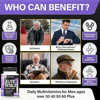 Elite Vitals Multivitamin for Men – Daily Mens Multivitamins Ages Over 20 Plus – Prostrate Energy Immune Joint Support – Daily Mens Vitamins and Minerals (60 Capsules)