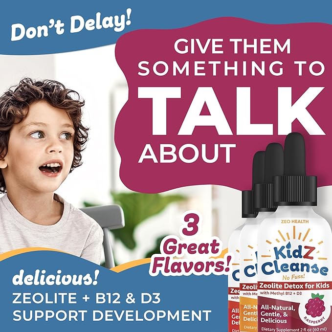 Kidz Cleanse | Zeolite Detox for Kids | Development, Behavior, Energy and Gut Health Support Supplement | Easy to Take, Pure Liquid Zeolite Drops + Methyl B12 + D3 (Apple Flavor) - 2oz