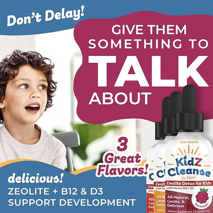 Kidz Cleanse | Zeolite Detox for Kids | Development, Behavior, Energy and Gut Health Support Supplement | Easy to Take, Pure Liquid Zeolite Drops + Methyl B12 + D3 (Apple Flavor) - 2oz