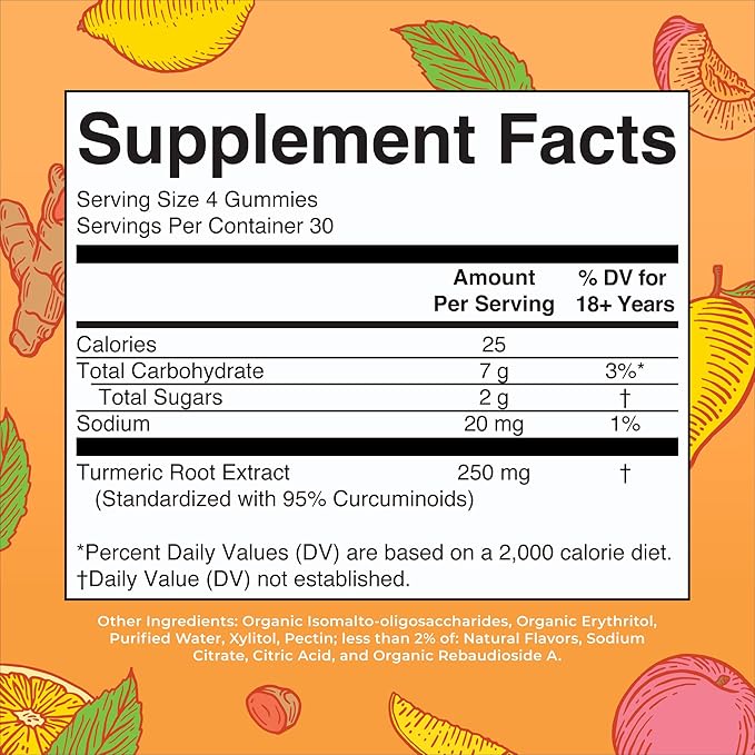 MaryRuth Organics Turmeric Gummies | Organic Turmeric Curcumin Extract | Chewable Turmeric Supplement | Vegan | Non-GMO | Gluten Free | Peach | Mango & Lemon Flavor | 250 mg per Serving | 120 Count
