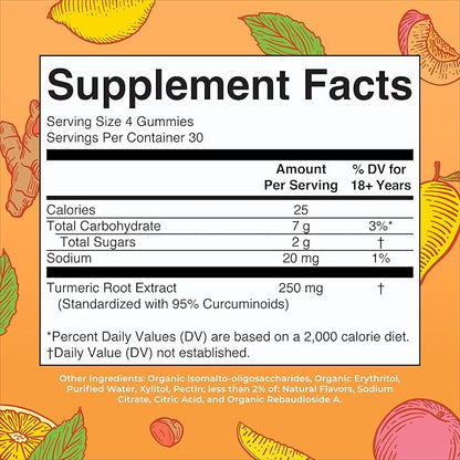 MaryRuth Organics Turmeric Gummies | Organic Turmeric Curcumin Extract | Chewable Turmeric Supplement | Vegan | Non-GMO | Gluten Free | Peach | Mango & Lemon Flavor | 250 mg per Serving | 120 Count