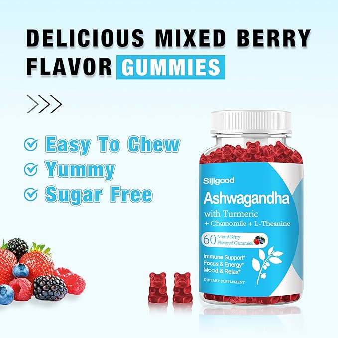 Ashwagandha Gummies with L-theanine, 2500mg Ashwa Root Supplement Gummy for Women Men, 60 Mixed Berry Flavored Gummies