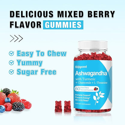 Ashwagandha Gummies with L-theanine, 2500mg Ashwa Root Supplement Gummy for Women Men, 60 Mixed Berry Flavored Gummies