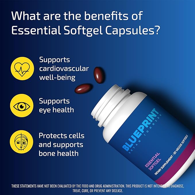 Blueprint Bryan Johnson Essential Softgel Supplement - Letein, Zeaxanthin, Lycopene, Vitamin K1 & K2 MK-7 & MK-4 - Optimal Vision, Bone & Heart Health Support - Vegan, All Ages (30 Servings)
