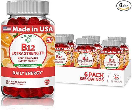 Vitamin B12 Gummies for Adults - Tastiest Proprietary Formula - 3000mcg Methyl B-12 High Absorption Energy Gummies - Non-GMO Vegan Vit B12 - Chewable B 12 for Energy Support and Bone Health - 6 Pack