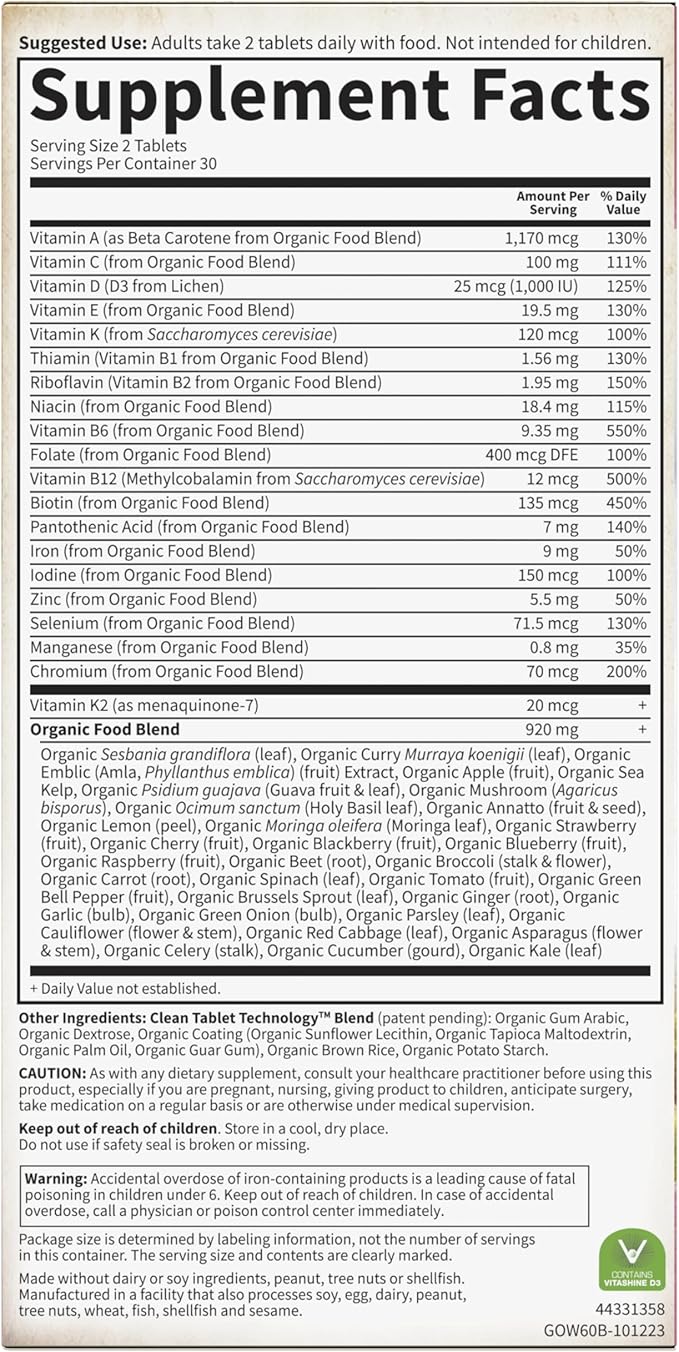 Garden of Life Organics Organic Multivitamin for Women - Womens Multi with Vitamin C, D, Folate, B6, B12, Biotin, Iron, Vegan Whole Food Vitamins for Women, Energy, Skin, Nails, 60 Tablets