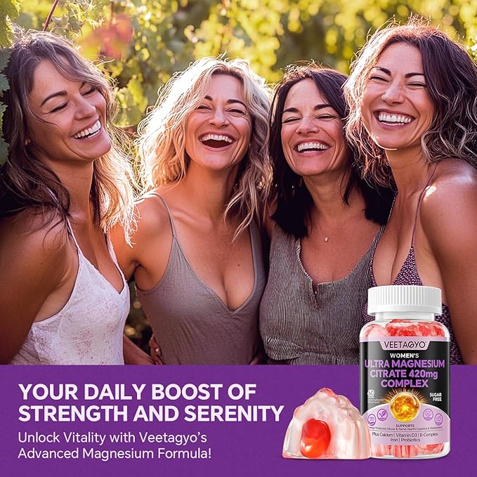 Magnesium Citrate Gummies 420mg for Adult - Dual Layer - w/ 10 Billion CFU - 5 Strains Probiotics & Calcium,D3,Biotin,Iron,B6,B12,Folate,Supports for Bone,Nerve,Relaxation,Muscle - Vegan 60 Cts