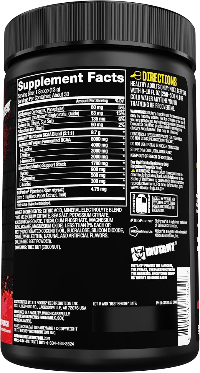 Mutant Hardcore BCAA - Pre, Intra or Post Workout – BCAA Next Level branched-Chain Amino Acids Supplement – Hydration + Recovery - 30 Serving - Fruit Punch