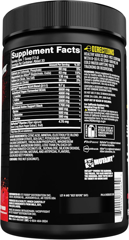 Mutant Hardcore BCAA - Pre, Intra or Post Workout – BCAA Next Level branched-Chain Amino Acids Supplement – Hydration + Recovery - 30 Serving - Fruit Punch