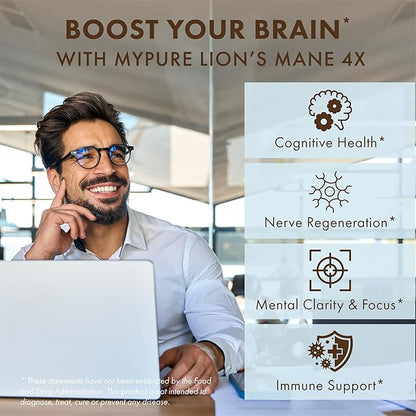PURE ESSENCE LABS MyPure Lion's Mane 4X - Ultra Strength Brain Support Supplement with 6:1 Hot Water Extract & 10:1 Extract for Cognitive Health, Focus, Memory & Mental Clarity, 60 Capsules