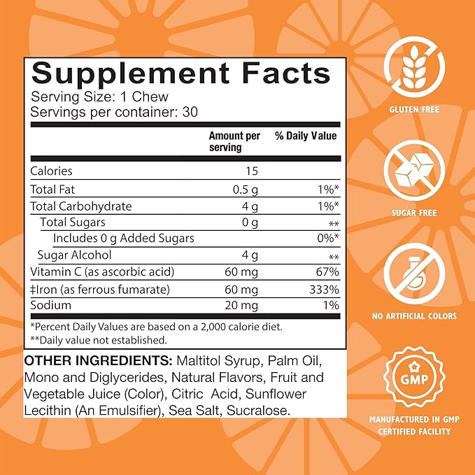 Celebrate Vitamins Iron Supplement with Vitamin C - 60mg Iron, 60mg Vitamin C, Bariatric Vitamins for WLS Patients, Vertical Sleeve & Gastric Bypass Surgery - Citrus, 90 Soft Chews