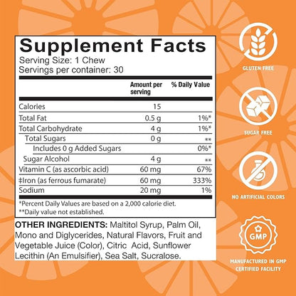 Celebrate Vitamins Iron Supplement with Vitamin C - 60mg Iron, 60mg Vitamin C, Bariatric Vitamins for WLS Patients, Vertical Sleeve & Gastric Bypass Surgery - Citrus, 90 Soft Chews