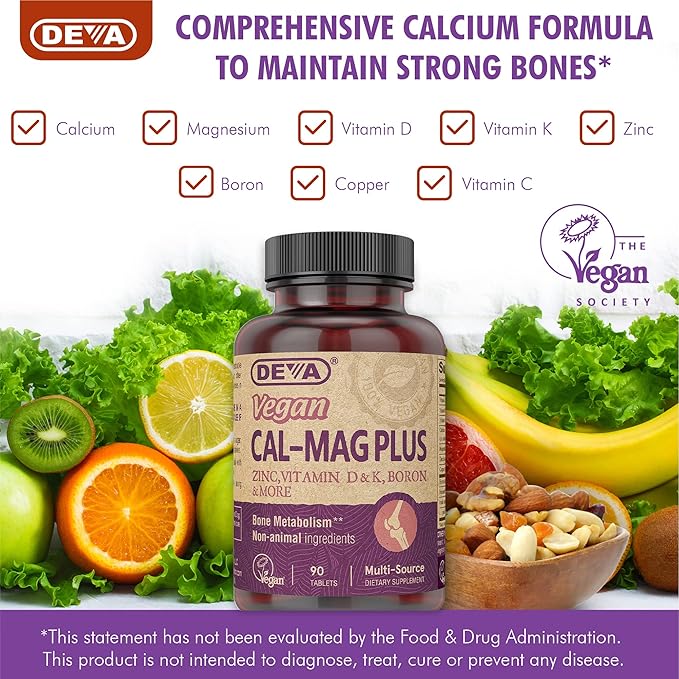 DEVA Vegan Calcium Magnesium Supplement Plus, Zinc, Vitamin C, Vitamin D, Vitamin K, Boron, Sugar Free & Gluten Free, 90-Tablets, 2-Pack