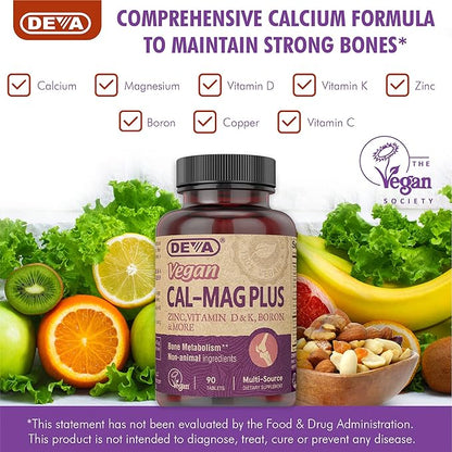 DEVA Vegan Calcium Magnesium Supplement Plus, Zinc, Vitamin C, Vitamin D, Vitamin K, Boron, Sugar Free & Gluten Free, 90-Tablets, 2-Pack
