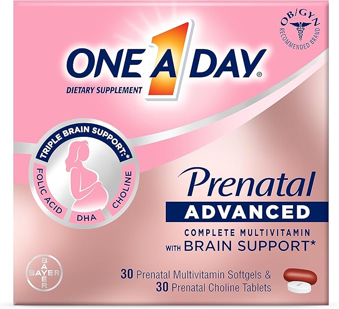 One A Day Womens Prenatal Advanced Complete Multivitamin with Brain Support* with Choline, Folic Acid, Omega-3 DHA & Iron for Pre, During and Post Pregnancy, 30+30 Count (60 Total Set)