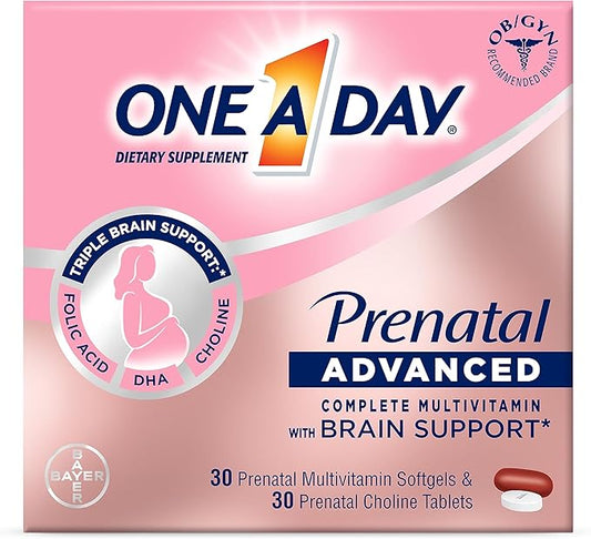 One A Day Womens Prenatal Advanced Complete Multivitamin with Brain Support* with Choline, Folic Acid, Omega-3 DHA & Iron for Pre, During and Post Pregnancy, 30+30 Count (60 Total Set)