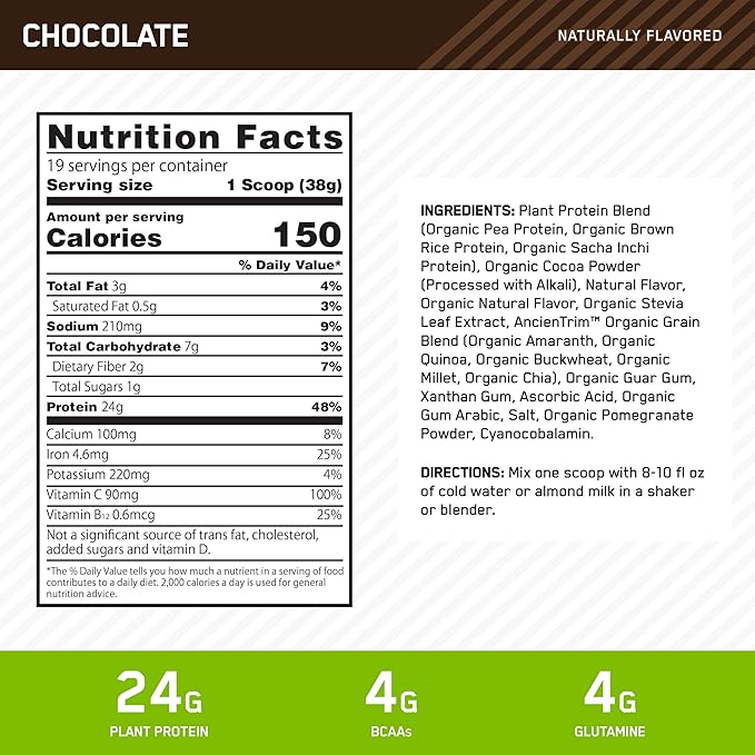 Optimum Nutrition Gold Standard 100% Plant Based Protein Powder, Vitamin C for Immune Support, Chocolate, 1.59 Pound